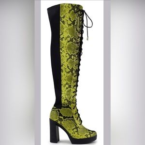 Lime green over the knee tie up boots